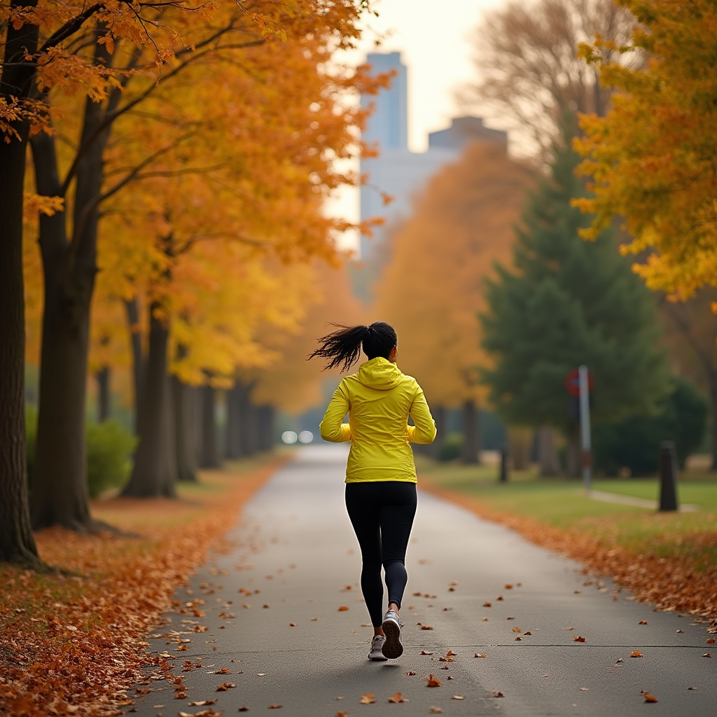 Runner on the Atlanta BeltLine trail through an urban green corridor in autumn