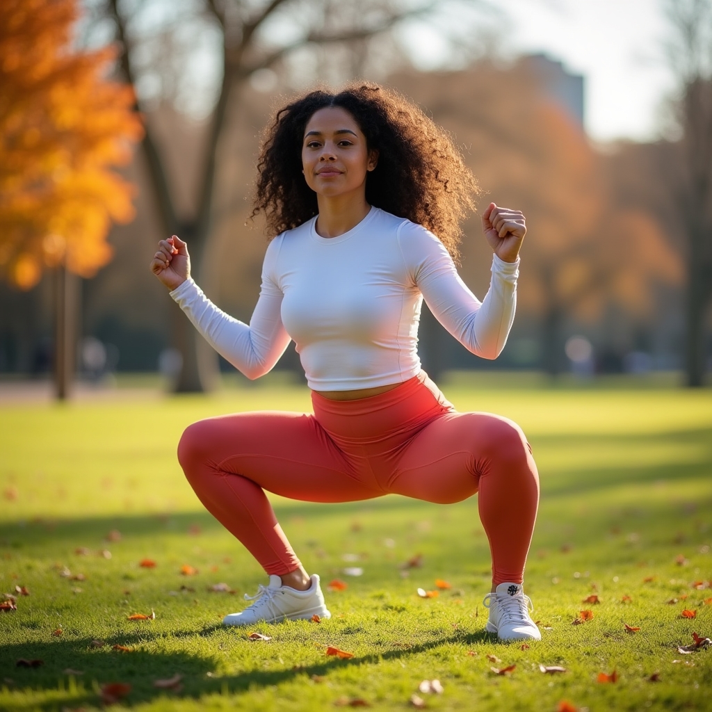 Person performing a bodyweight squat on grass in a sunny public park