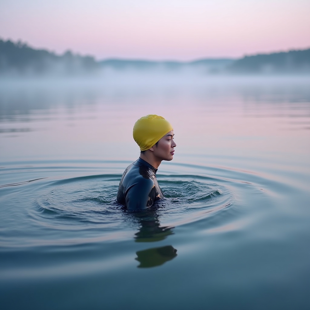 Swimmer in open water lake with early morning fog and calm reflective surface