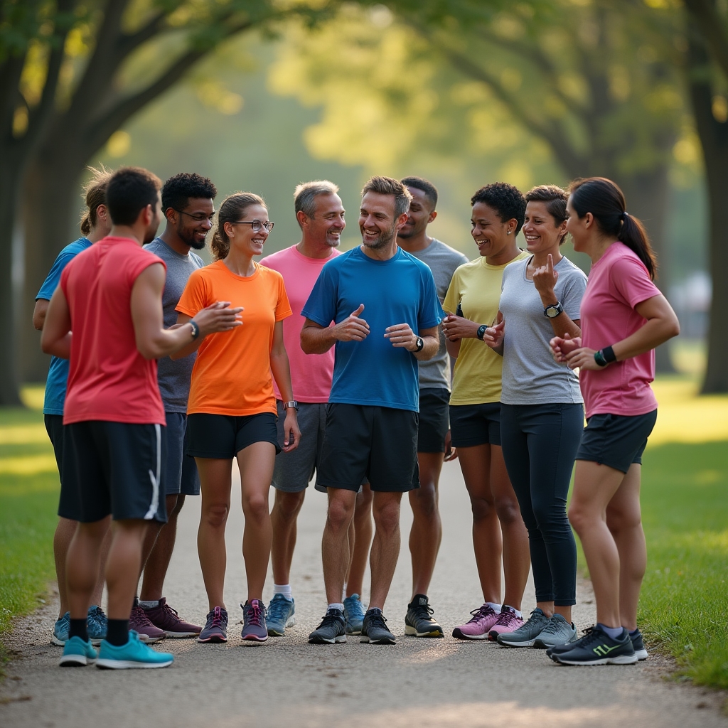 A diverse group of runners gathered at a park starting line for a free community run event