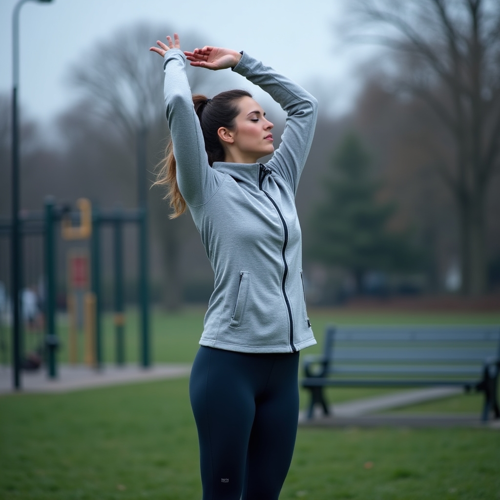 Early morning park scene with person stretching before a bodyweight workout session