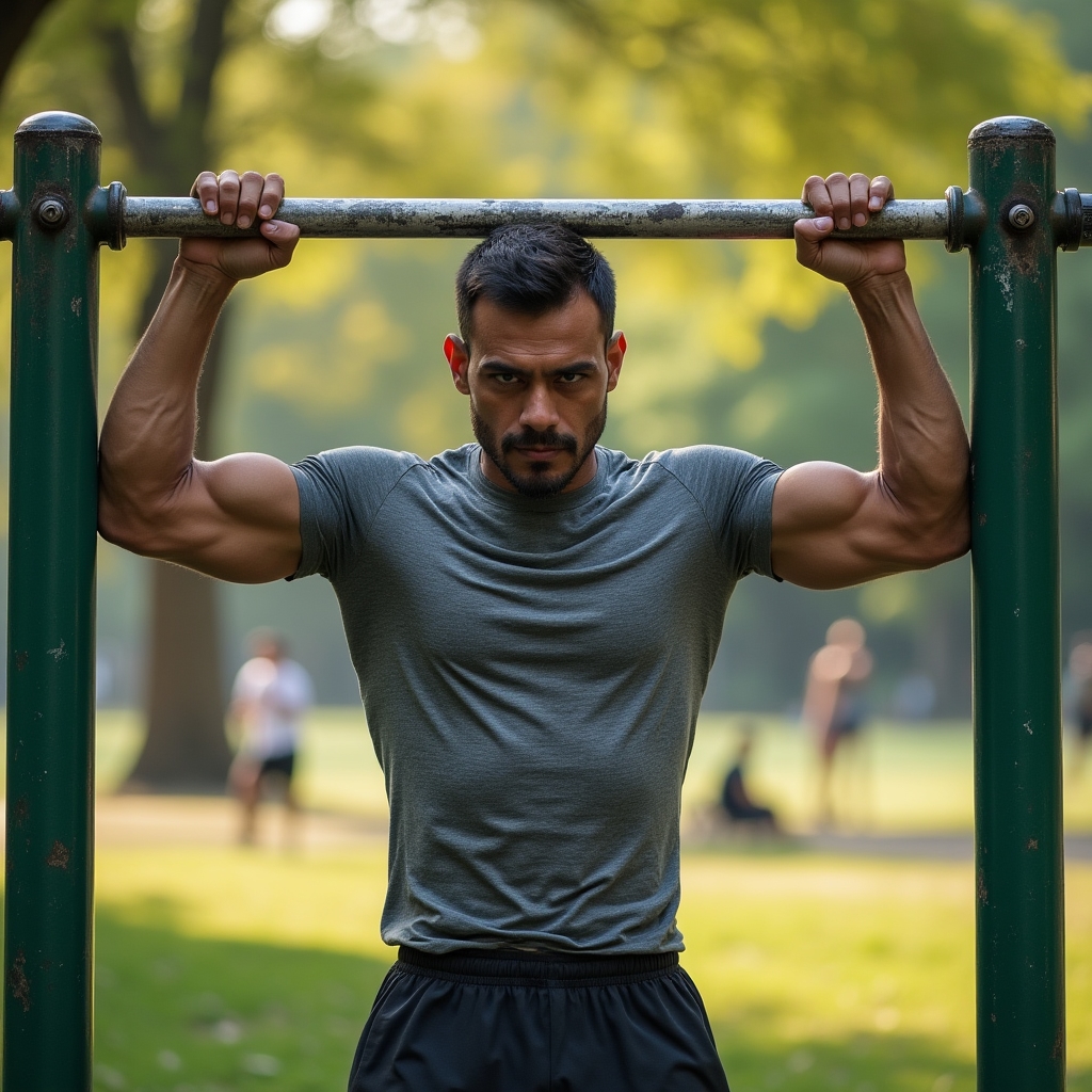 Person doing pull-ups on outdoor park fitness bars in an urban park setting