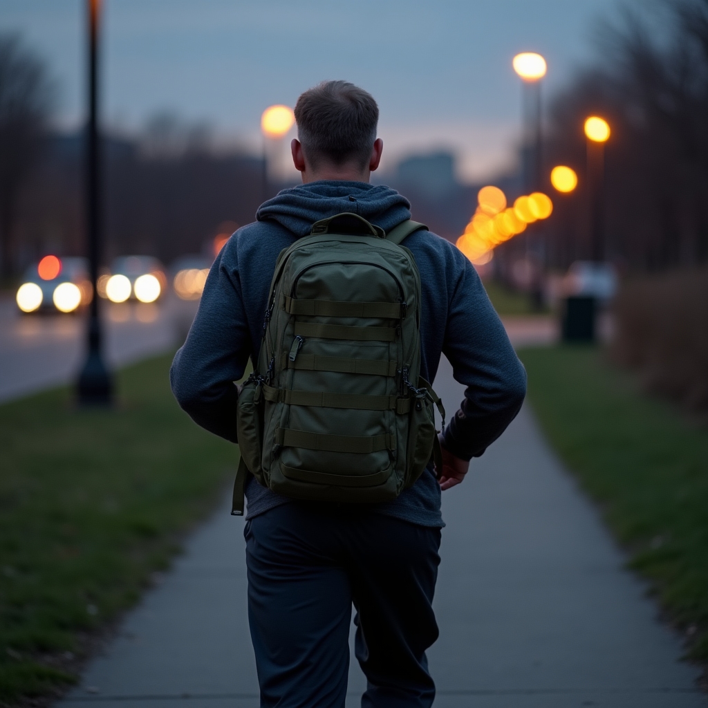 Person rucking with a loaded backpack on an urban trail path at dusk