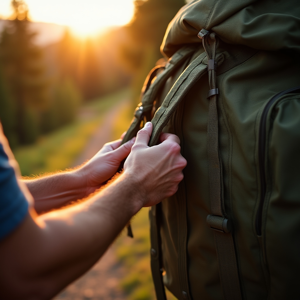 Close-up of a loaded hiking backpack being adjusted on a trail at golden hour