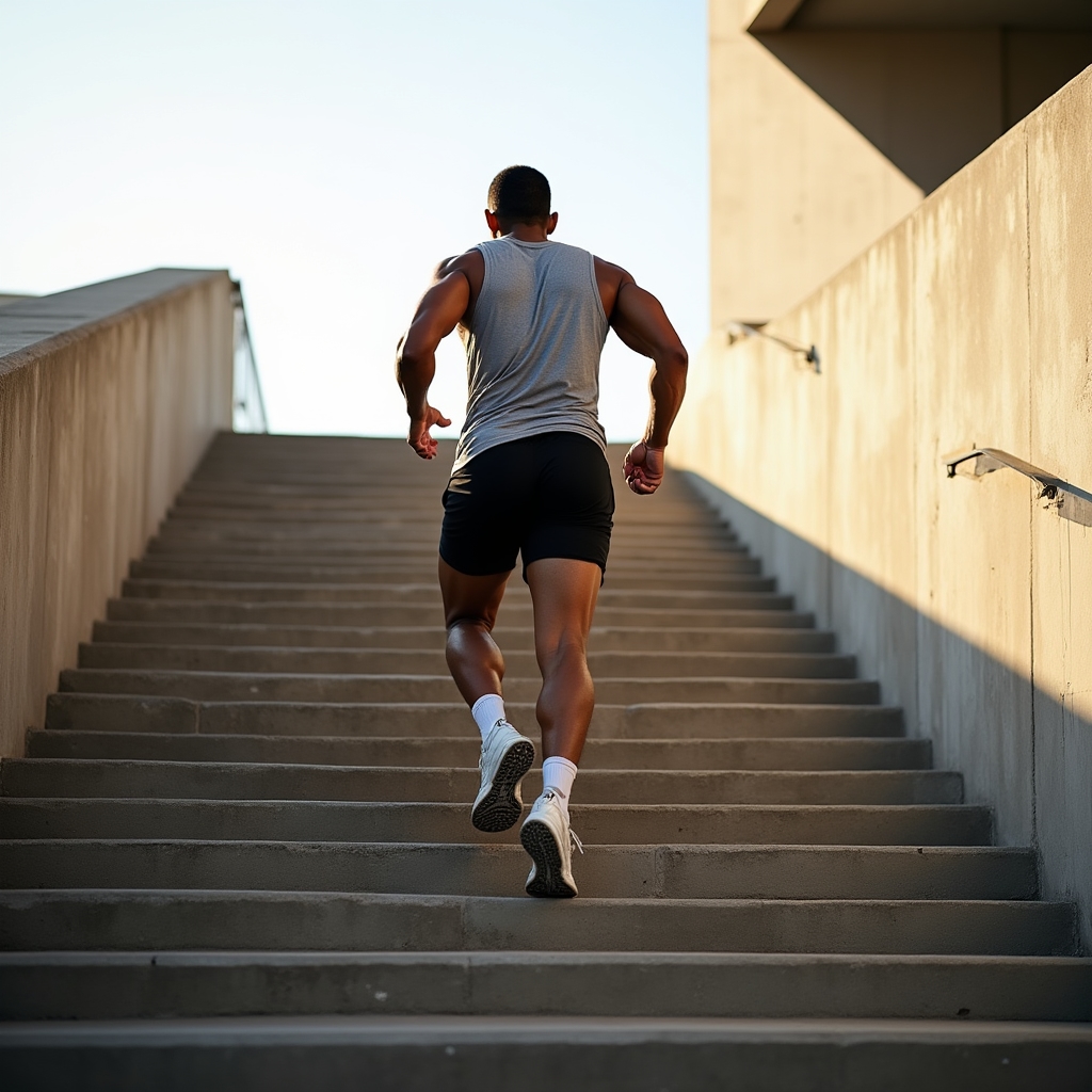 Person climbing outdoor stadium stairs as a cardio workout on a clear day