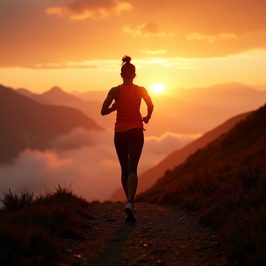 Trail runner on a mountain path at sunrise with mist in the valley below