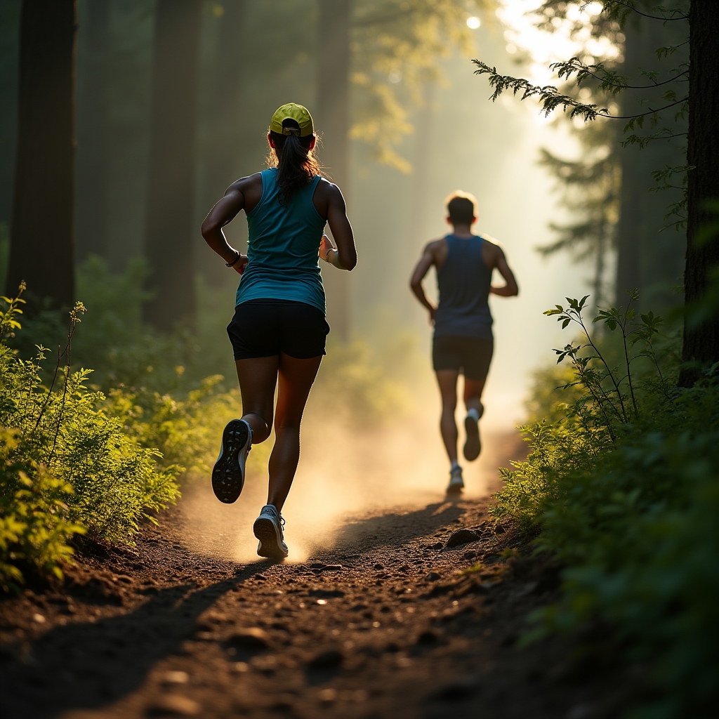 Runners on a forested trail with dappled morning light filtering through trees