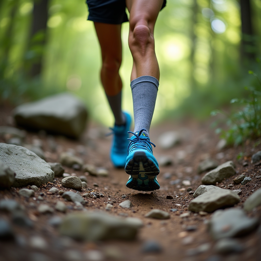 Runner's feet and legs navigating rocky trail terrain with proper form visible